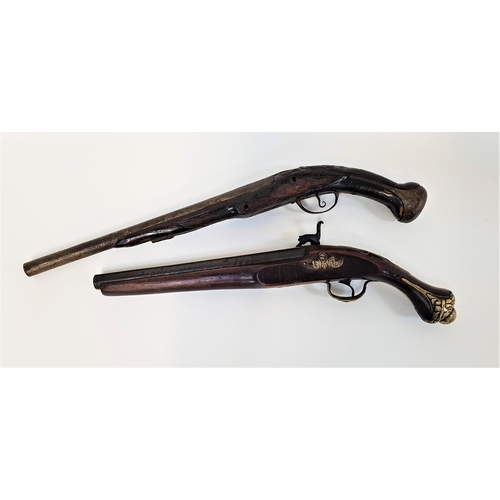 468 - CONTINENTAL PERCUSSION PISTOL
with brass inlay and brass mounts, together with a continental flintlo... 