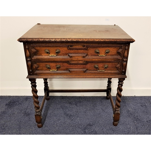 551 - OAK TABLE CANTEEN
with a moulded top above two panelled and fitted drawers with a part set of beaded... 