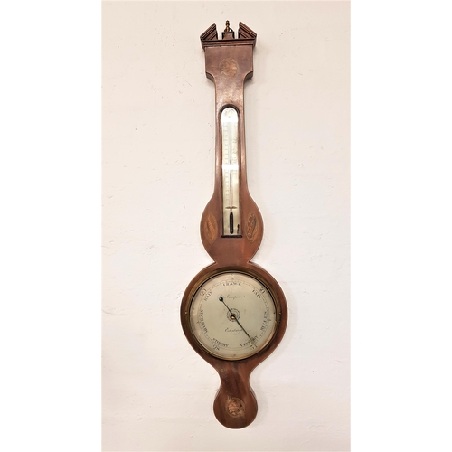 604 - 19th CENTURY MAHOGANY AND INLAID WHEEL BAROMETER
by Peter Campioni of Edinburgh, with a thermometer ... 