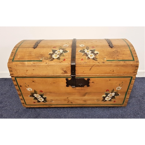 618 - 19th CENTURY PINE TRUNK
with a domed lid painted with flowers and iron strapwork hinges and lock, wi... 