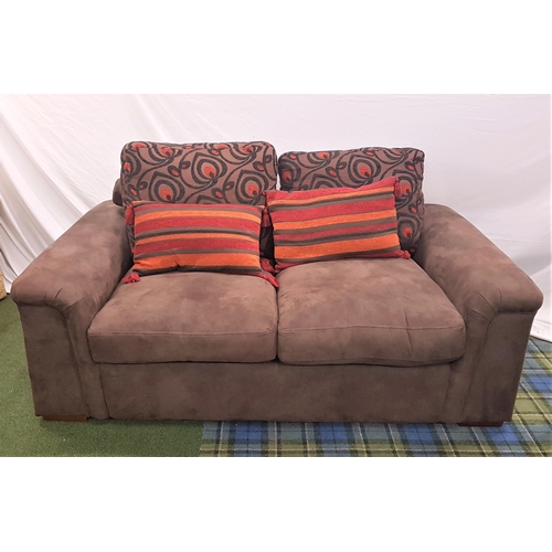 631 - LARGE TWO SEAT SOFA
with loose back and seat cushions and scatter cushions, in faux brown suede, 190... 