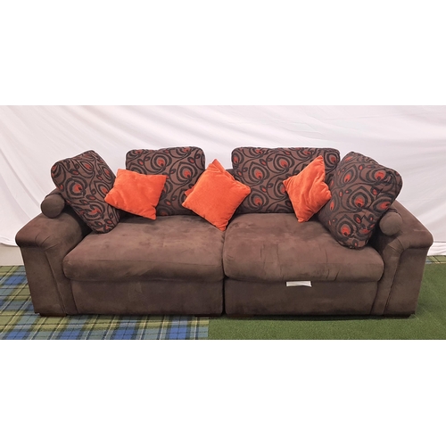 632 - VERY LARGE SOFA
with loose back and seat cushions and scatter cushions, in faux brown suede, 250cm w... 