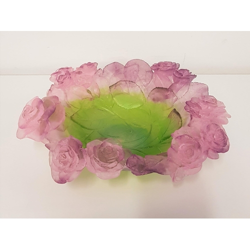 328 - DAUM PATE DE VERRE FRENCH GLASS 'ROSES' BOWL
the green centre with leaf decoration surrounded by a p...
