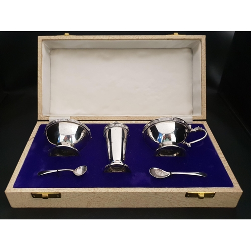 253 - ELIZABETH II CASED  SILVER CRUET SET
comprising a pepper pot, lidded mustard bowl with spoon and blu... 