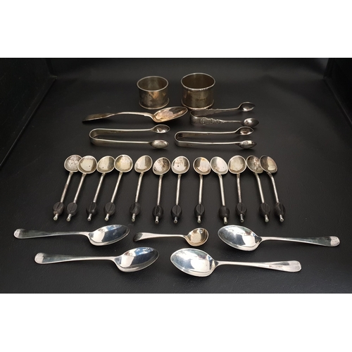 254 - MIXED LOT OF SILVER
including coffee bean spoons, salt spoon, tea spoon, three pairs of sugar tongs ... 