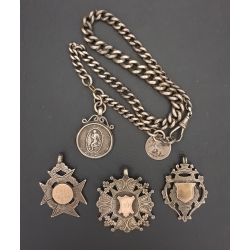 261 - SILVER ALBERT CHAIN
with attached medal fob marked 'N&D Cup 1931-32 Runners up; and three loose meda... 