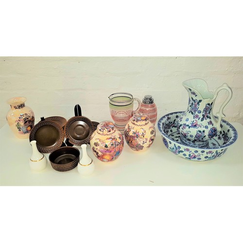 275 - MIXED LOT OF CERAMICS
including a large ewer and basin, pair of Mason's Ironstone lidded ginger jars... 