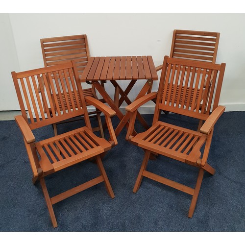 583 - TEAK SLATTED FOLDING TABLE AND CHAIRS
the table with a square top, 56cm wide, together with four tea... 