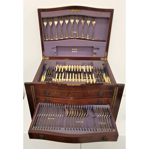 378 - MAHOGANY CANTEEN OF CUTLERY
with a serpentine lift up lid above five graduated drawers with a part O... 