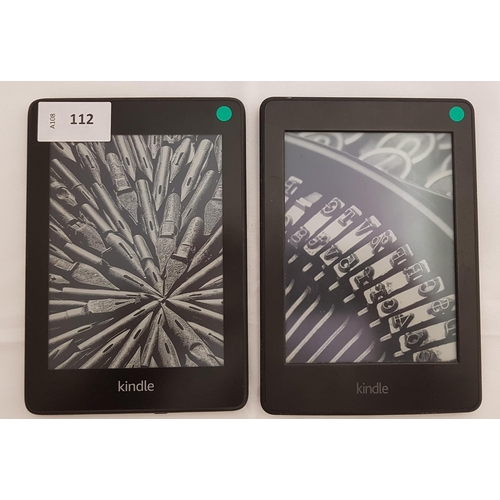 112 - TWO AMAZON KINDLE E-READERS
comprising Paperwhite 4 10th generation, serial number G000 PP13 1166 07... 