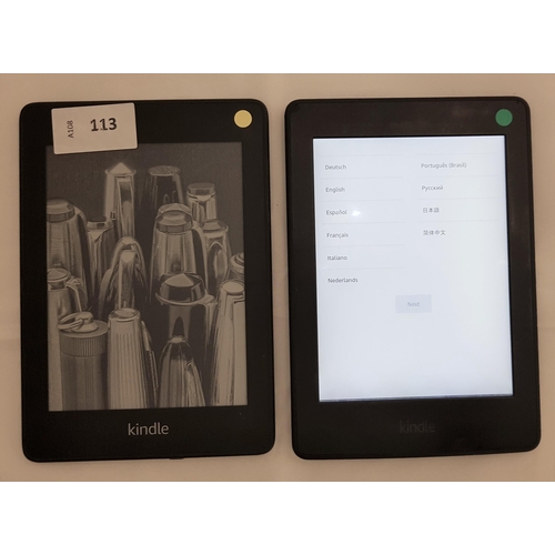 113 - TWO AMAZON KINDLE E-READERS
comprising Paperwhite 4 10th generation, serial number G850 T613 1284 03... 