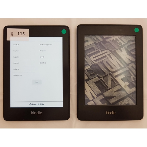 115 - TWO AMAZON KINDLE E-READERS
comprising Paperwhite 4 10th generation, serial number G000 PP12 9227 0Q... 