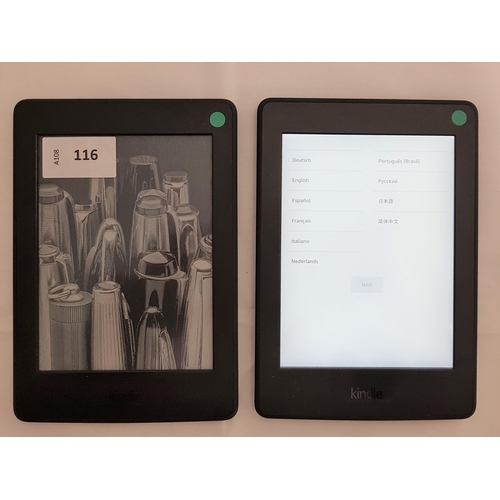 116 - TWO AMAZON KINDLE E-READERS
comprising Paperwhite 3 7th generation, serial number G090 G105 7523 00B... 