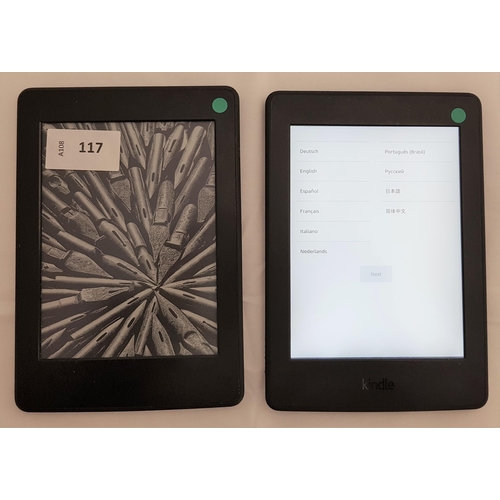 117 - TWO AMAZON KINDLE E-READERS
comprising Paperwhite 3 7th generation, serial number G090 G105 6285 054... 