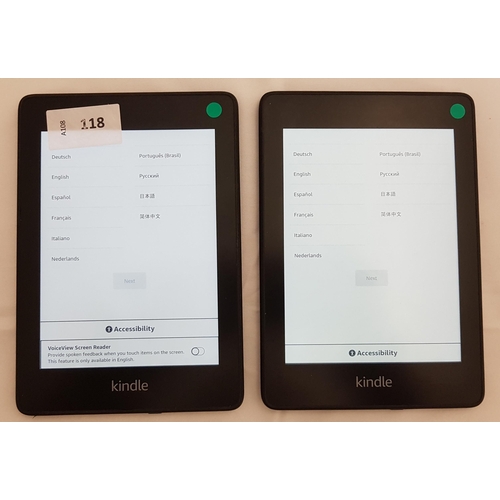 118 - TWO AMAZON KINDLE E-READERS
comprising Paperwhite 4 10th generation, serial number G000 PP08 8417 04... 