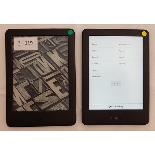 119 - TWO AMAZON KINDLE E-READERS
comprising Basic 3 10th generation, serial number G090 VB06 1315 0AE4; a... 