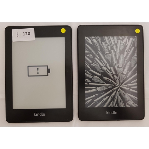120 - TWO AMAZON KINDLE E-READERS
comprising Paperwhite 4 10th generation, serial number G850 9912 1277 04... 