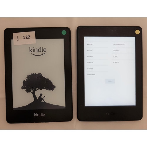 122 - TWO AMAZON KINDLE E-READERS
comprising Paperwhite 4 10th generation, serial number G000 PP07 8347 0D... 