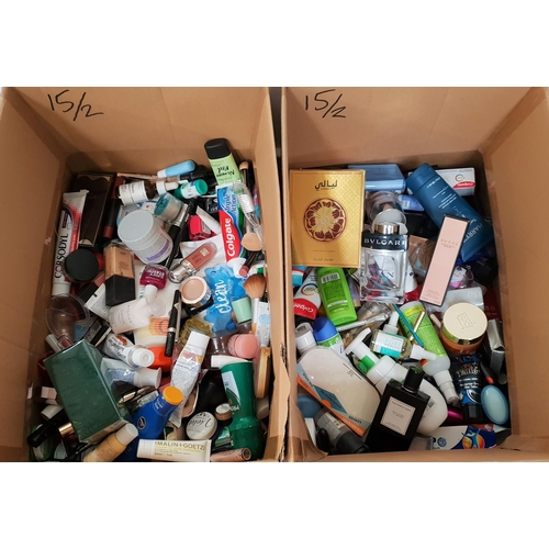 15 - TWO BOXES OF NEW AND USED TOILETRY ITEMS
including Dsquared2, Gucci, Bvlgari, Van Cleef & Arpels, Ma... 