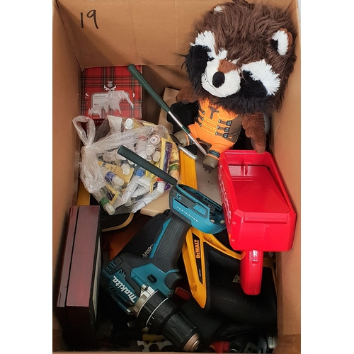 19 - ONE BOX OF MISCELLANEOUS ITEMS
including tools including socket sets, snow globe, toys, souvenirs, M... 