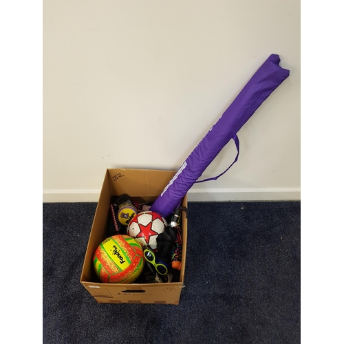 32 - ONE BOX OF MISCELLANEOUS ITEMS
including stationary, umbrellas, footballs, goggles and parasol