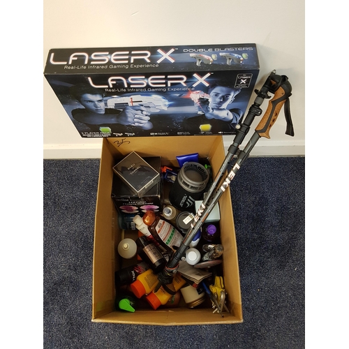 35 - ONE BOX OF MISCELLANEOUS ITEMS
including tools, walking pole, laser gun game, glitter lamp, toiletri... 