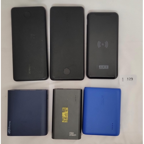 129 - SELECTION OF SIX POWERBANKS 
including: Clas Ohlson, Pjuice, Anker and GP