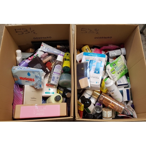 53 - TWO BOXES OF NEW AND USED TOILETRY ITEMS
including La Roche Posay, Calvin Klein, Chanel, Max Factor,... 
