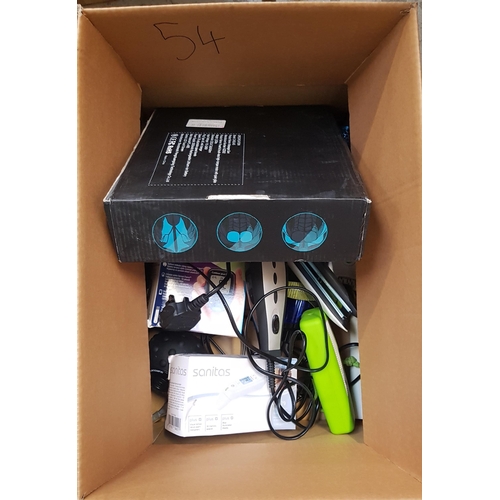 54 - ONE BOX OF GENERAL ELECTRICAL ITEMS
including hair straighteners, massage gun, ear thermometer, shav... 