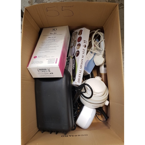 55 - ONE BOX OF GENERAL ELECTRICAL ITEMS
including digital spoon scale, forehead thermometer, hair dryer,... 