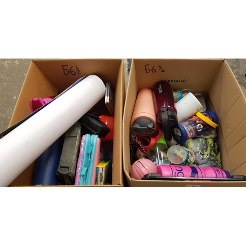 56 - TWO BOXES OF MISCELLANEOUS ITEMS
including snow globes, water bottles, scales, binoculars, poster