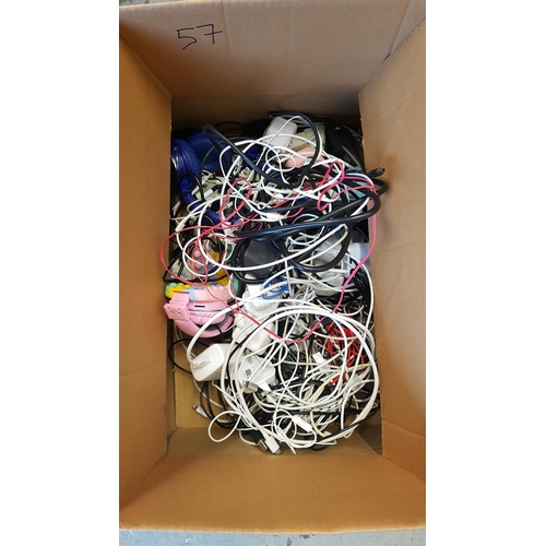 57 - ONE BOX OF GENERAL ELECTRICAL ITEMS
including headphones, chargers, adapters, cables