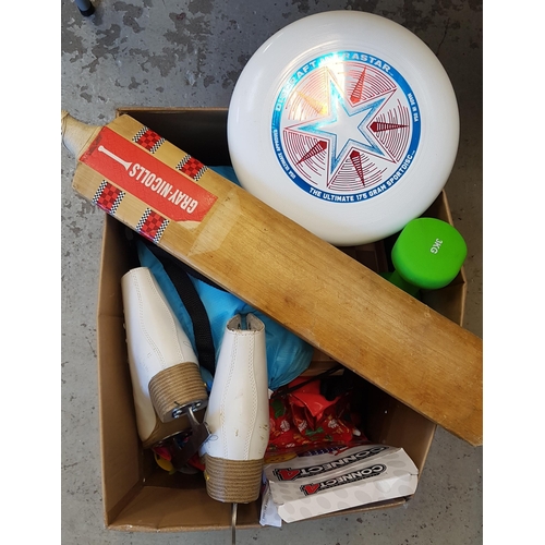 60 - ONE BOX OF SPORTS AND LEISURE ITEMS
including ice skates, cricket bat, weights, frizbee