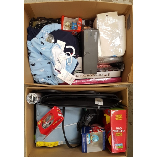 64 - TWO BOXES OF NEW ITEMS
including clothing, snow globes, digital weighing spoon, handbag, disposable ... 