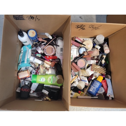 26 - TWO BOXES OF NEW AND USED TOILETRY ITEMS
including Revolution, Rimmel, Loewe, Nars, Versace, Armani,... 