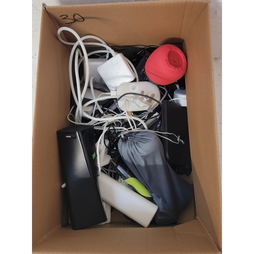 30 - ONE BOX OF CABLES, CHARGERS, CONNECTORS, POWERBANKS AND ELECTRONICS 
including portable DVD player, ... 