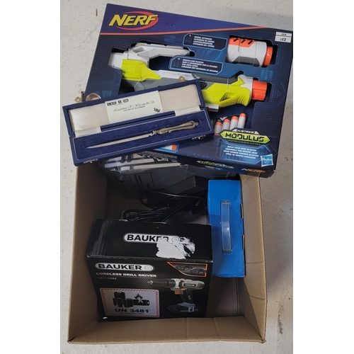 31 - ONE BOX OF NEW ITEMS
including notebooks, cordless drill, pet cooling mat, sander, nerf gun and silv... 