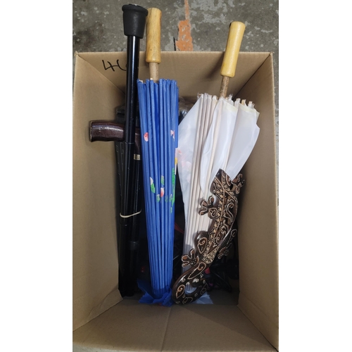 46 - ONE BOX OF MISCELLANEOUS ITEMS
including parasols, walking stick, water bottles, souvenirs, lunchbox... 