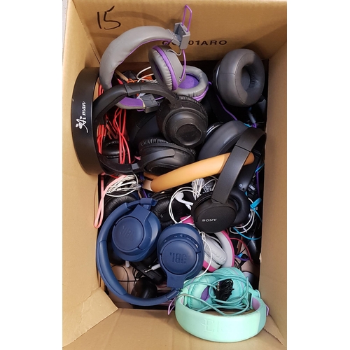 15 - ONE BOX OF BRANDED AND UNBRANDED HEADPHONES
on ear, in ear and ear buds, including Sony and JBL