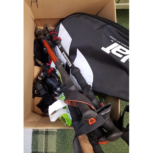 19 - ONE BOX OF SPORTS AND LEISURE ITEMS
including three sets of walking poles, Wilson tennis rackets (on... 