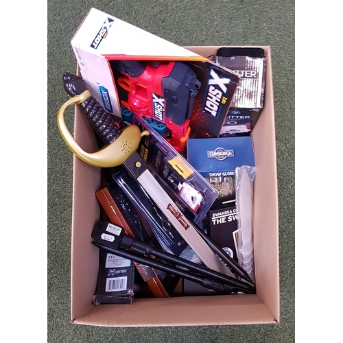 26 - ONE BOX OF NEW ITEMS
including tool set, toy gun, glitter light, bottle openers, darts, scissors and... 