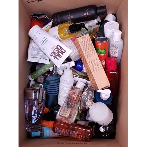 27 - ONE BOX OF NEW AND USED TOILETRY ITEMS
including L'occitane, Disel, Mont Blanc, Clinque, Jean Paul G... 