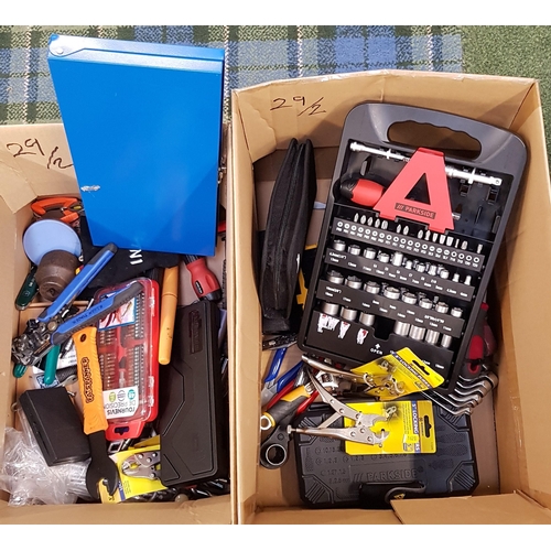 29 - TWO BOXES OF TOOLS
including spanners, socket sets and pliers