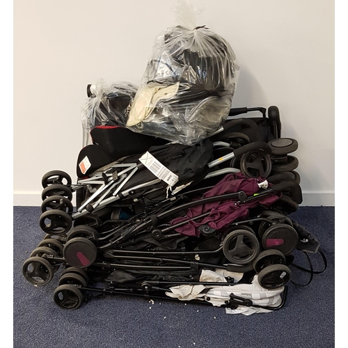 44 - SELECTION OF SEVEN PRAMS/ BUGGIES 
with two bags of pram accessories and a car seat
including Silver... 