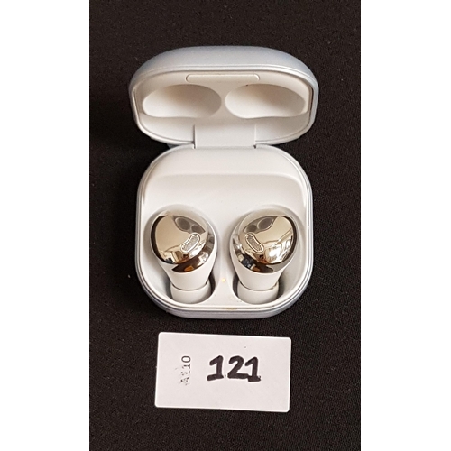 121 - PAIR OF LIGHT BLUE SAMSUNG EARBUDS
in charging case, model SM-R190