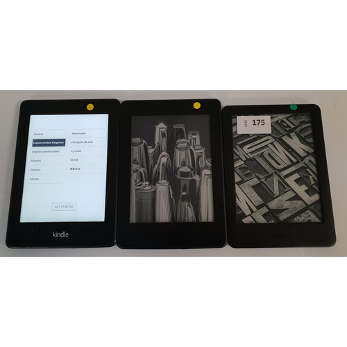 175 - THREE AMAZON KINDLE E-READERS
comprising Basic 3 10th generation, serial number G090 0L04 9127 0BBU;... 