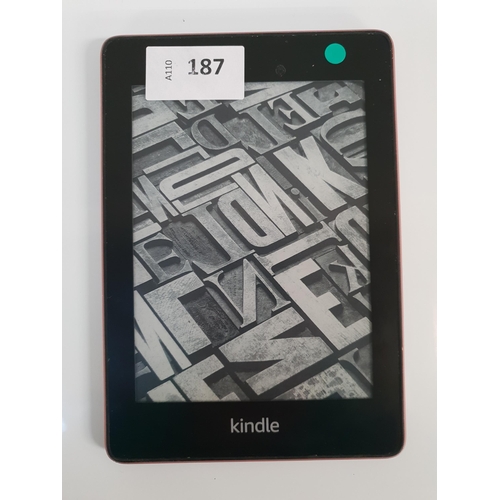 187 - AMAZON KINDLE PAPERWHITE 4 PLUM 10TH GENERATION E-READER
serial number G001 6U02 0162 07RP
Note: It ... 