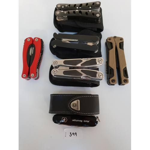 399 - FIVE VARIOUS MULTI-TOOLS AND A VICTORINOX SWISS ARMY KNIFE
Note: You must be over the age of 18 to b... 