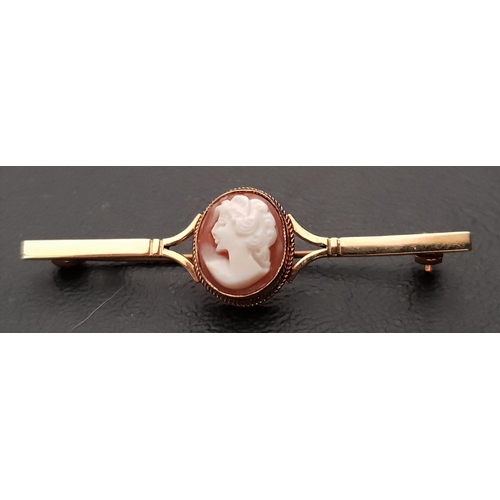 119 - CAMEO SET NINE CARAT GOLD BAR BROOCH
the cameo depicting a female bust in profile, 5.2cm long and ap... 