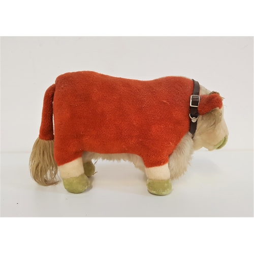 358 - VINTAGE MERRYTHOUGHT PLUSH BULL
in brown and white, with a collar, 19cm high